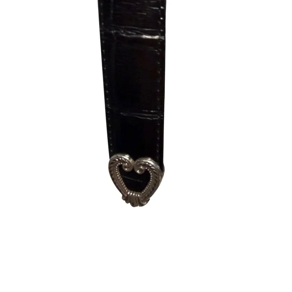 Brighton Black Croc Embossed Leather Belt Silver Heart Charm Buckle Western 34